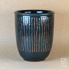 Load image into Gallery viewer, Coffee Cup - Black &amp; Buff Striped Curve