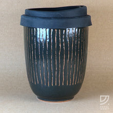 Load image into Gallery viewer, Coffee Cup - Black &amp; Buff Striped Curve