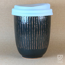 Load image into Gallery viewer, Coffee Cup - Black &amp; Buff Striped Curve